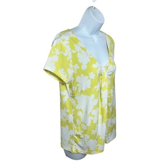 Rafaella Yellow Floral Blouse Sz M V-Neck Top Draped Front Short Sleeve - Picture 3 of 5